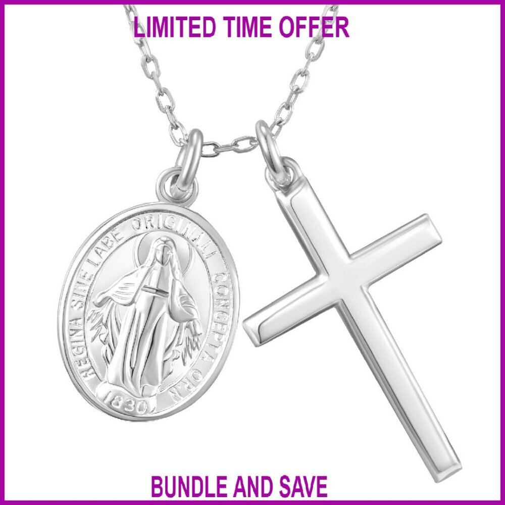 Sterling Silver Cross & Virgin Mary Necklace Adjustable 16-18"
